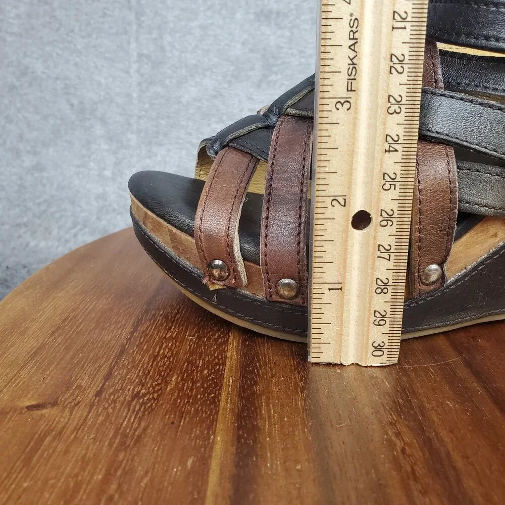 Bed Stu Sandals Women's 7 Brown Black Leather Gina Wedge Straps Slip On Platform - Picture 11 of 11